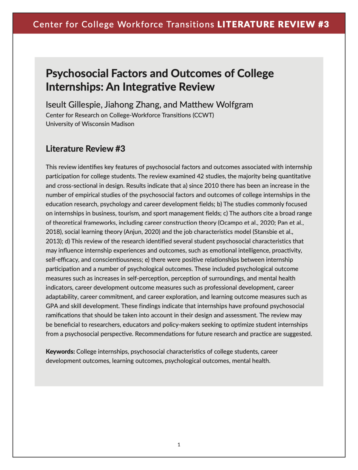 Psychosocial Factors and of College Internships An Integrative Review CCWT UWMadison