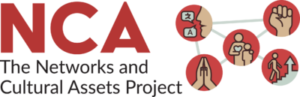 NCA Logo - Text reads "NCA The Networks and Cultural Assets Project" Five red circles that contain illustrations as follows: a face speaking different languages; hands pressed together at palms as if in prayer; an adult and child; a fist with palm facing forward; a person walking up a staircase with an arrow facing up.