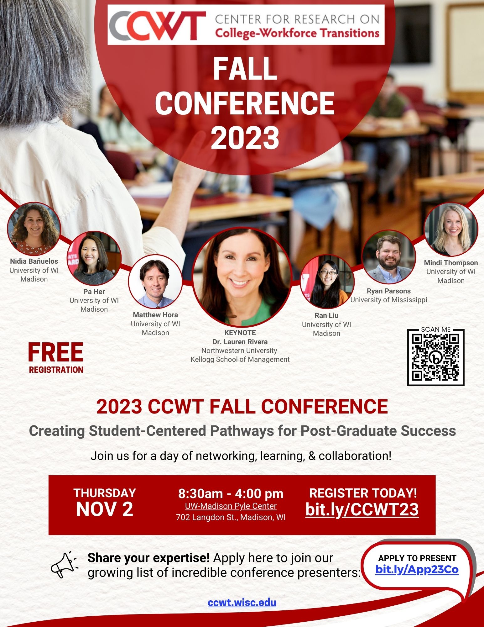 Center for Research on College-Workforce Transition (CCCWT) Fall Conference Flyer https://ccwt.wisc.edu/wp-content/uploads/2023/08/2023-Fall-Conference-Flyer-11-1.pdf